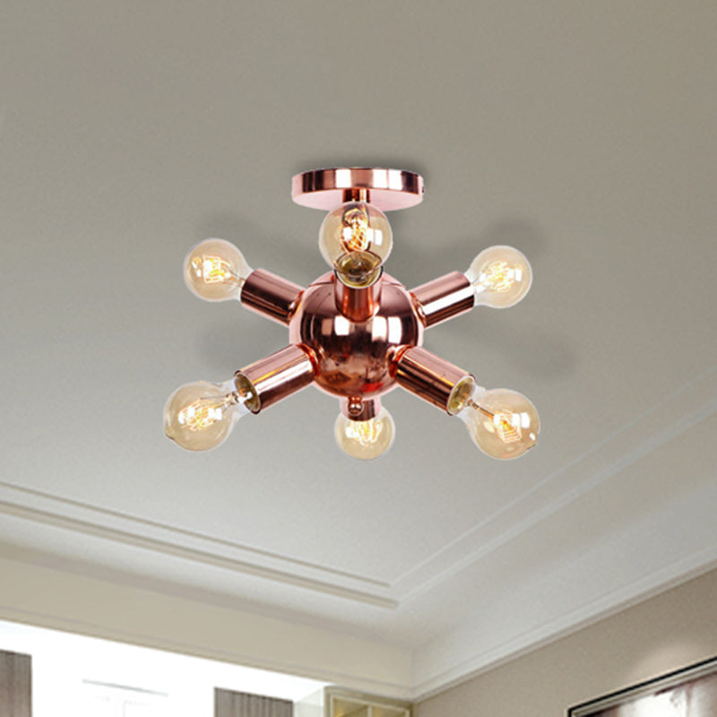 6/9 Heads Starburst Semi Flush Ceiling Light Vintage Copper Metal Semi Flush Light with Bare Bulb for Restaurant Clearhalo 'Ceiling Lights' 'Close To Ceiling Lights' 'Close to ceiling' 'Semi-flushmount' Lighting' 460370