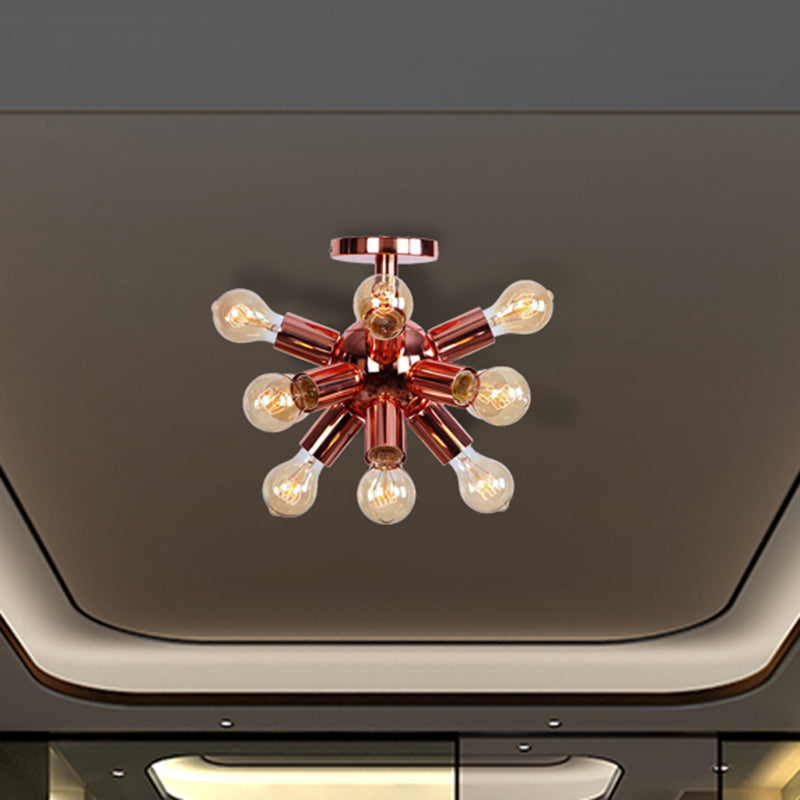 6/9 Heads Starburst Semi Flush Ceiling Light Vintage Copper Metal Semi Flush Light with Bare Bulb for Restaurant 9 Copper Clearhalo 'Ceiling Lights' 'Close To Ceiling Lights' 'Close to ceiling' 'Semi-flushmount' Lighting' 460371