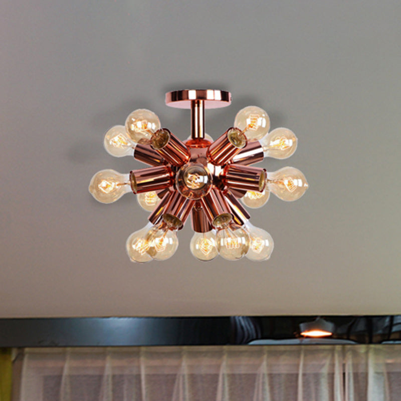 6/9 Heads Starburst Semi Flush Ceiling Light Vintage Copper Metal Semi Flush Light with Bare Bulb for Restaurant 15 Copper Clearhalo 'Ceiling Lights' 'Close To Ceiling Lights' 'Close to ceiling' 'Semi-flushmount' Lighting' 460373