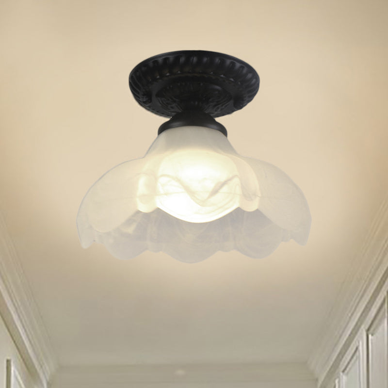 Scalloped Milky Glass Semi Flush Industrial 1 Bulb Living Room Light Fixture for Corridor Clearhalo 'Ceiling Lights' 'Close To Ceiling Lights' 'Close to ceiling' 'Glass shade' 'Glass' 'Pendant Lights' 'Semi-flushmount' Lighting' 460377