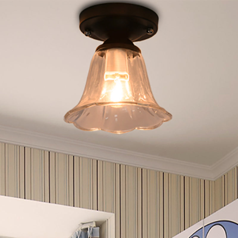 Flared Shade Clear Glass Semi Flush Industrial 1 Bulb Corridor Light Fixture in Black Clearhalo 'Ceiling Lights' 'Close To Ceiling Lights' 'Close to ceiling' 'Glass shade' 'Glass' 'Pendant Lights' 'Semi-flushmount' Lighting' 460378