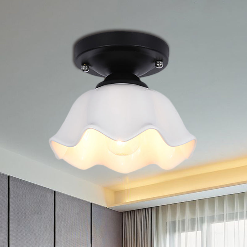 Scalloped Living Room Semi Flush Industrial Milky Glass One Light Black Lighting Fixture Clearhalo 'Ceiling Lights' 'Chandeliers' 'Close To Ceiling Lights' 'Close to ceiling' 'Glass shade' 'Glass' 'Semi-flushmount' Lighting' 460380