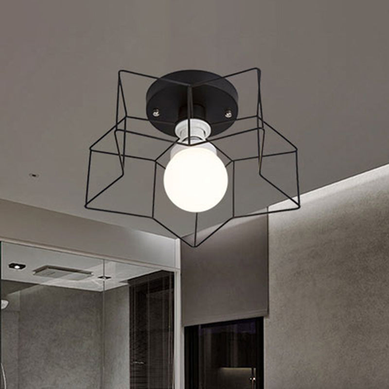 1 Bulb Star Ceiling Mounted Light with Cage Shade Industrial Black/White Metal Semi-Flush Mount Light for Bedroom Clearhalo 'Ceiling Lights' 'Close To Ceiling Lights' 'Close to ceiling' 'Semi-flushmount' Lighting' 460393