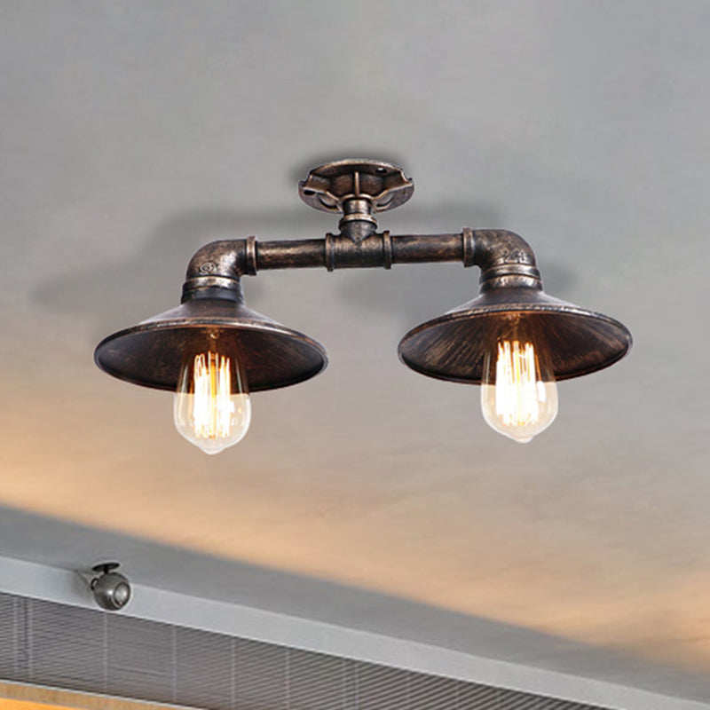 Saucer Wrought Iron Semi Flush Light Industrial Stylish 2 Lights Living Room Ceiling Mount Light in Bronze/Aged Silver Clearhalo 'Ceiling Lights' 'Close To Ceiling Lights' 'Close to ceiling' 'Semi-flushmount' Lighting' 460404