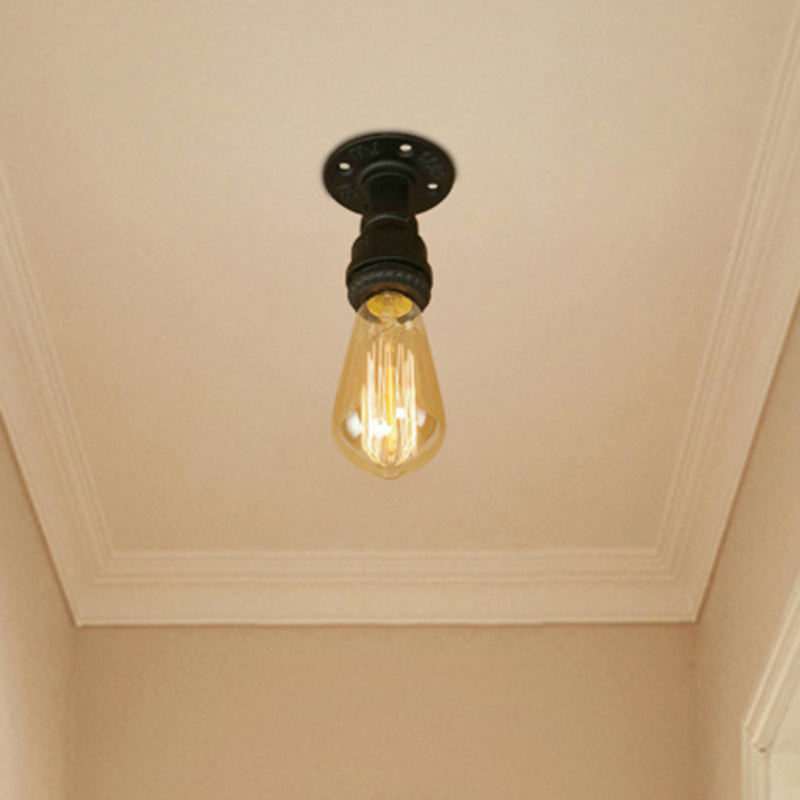 1 Bulb Piping Semi Flush Light with Bare Bulb Industrial Black Metallic Mini Semi Flush Light for Corridor Clearhalo 'Ceiling Lights' 'Close To Ceiling Lights' 'Close to ceiling' 'Semi-flushmount' Lighting' 460406