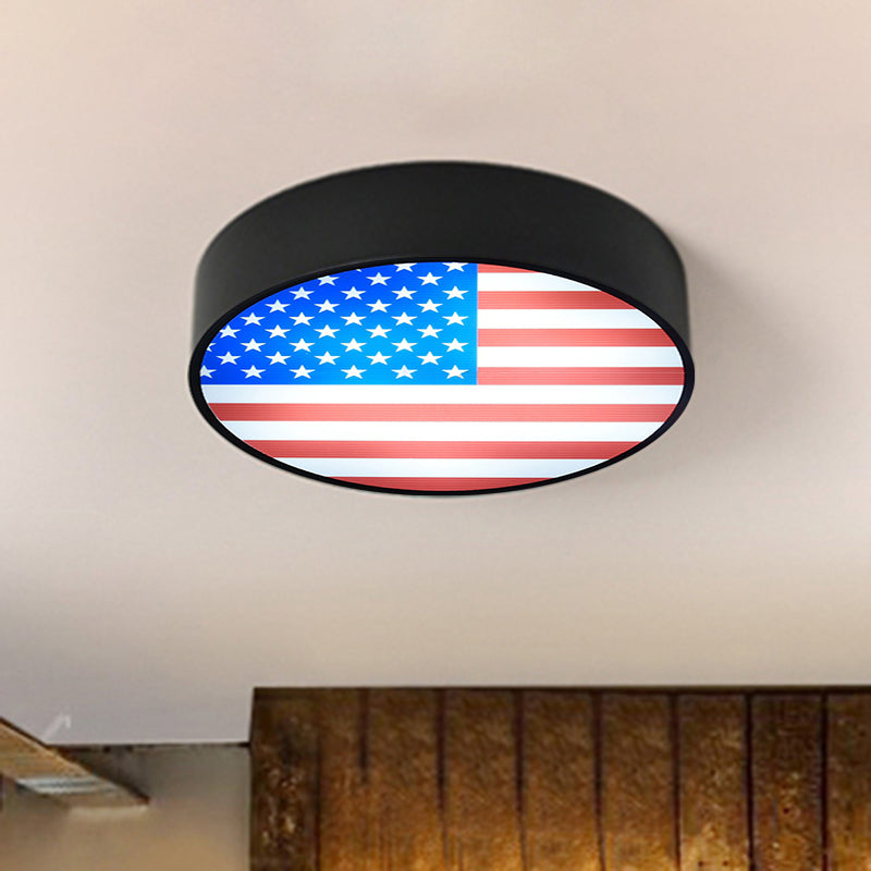 Industrial Rustic Drum Flush Light with Flag Pattern Metal LED Flush Mount Light Clearhalo 'Ceiling Lights' 'Close To Ceiling Lights' 'Close to ceiling' 'Flush mount' Lighting' 460418