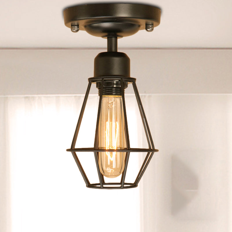 Black Open Caged Semi Flush Light Industrial Style Iron 1 Light Living Room Ceiling Mounted Light Clearhalo 'Ceiling Lights' 'Close To Ceiling Lights' 'Close to ceiling' 'Semi-flushmount' Lighting' 460437