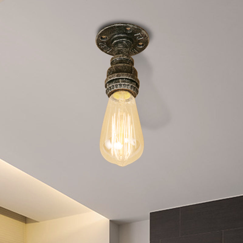 1 Head Iron Semi Flush Lighting Industrial Rustic Bronze/Antique Brass Open Bulb Corridor Ceiling Lamp Clearhalo 'Ceiling Lights' 'Close To Ceiling Lights' 'Close to ceiling' 'Semi-flushmount' Lighting' 460458