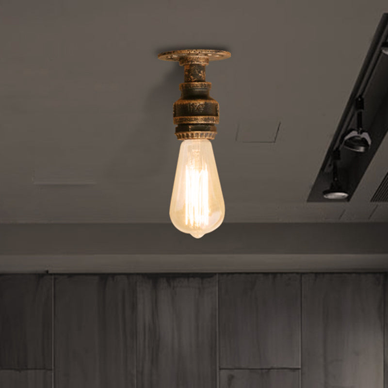 1 Head Iron Semi Flush Lighting Industrial Rustic Bronze/Antique Brass Open Bulb Corridor Ceiling Lamp Clearhalo 'Ceiling Lights' 'Close To Ceiling Lights' 'Close to ceiling' 'Semi-flushmount' Lighting' 460459