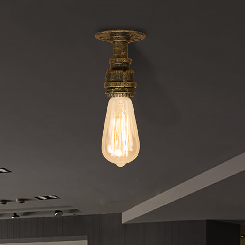 1 Head Iron Semi Flush Lighting Industrial Rustic Bronze/Antique Brass Open Bulb Corridor Ceiling Lamp Bronze Clearhalo 'Ceiling Lights' 'Close To Ceiling Lights' 'Close to ceiling' 'Semi-flushmount' Lighting' 460460