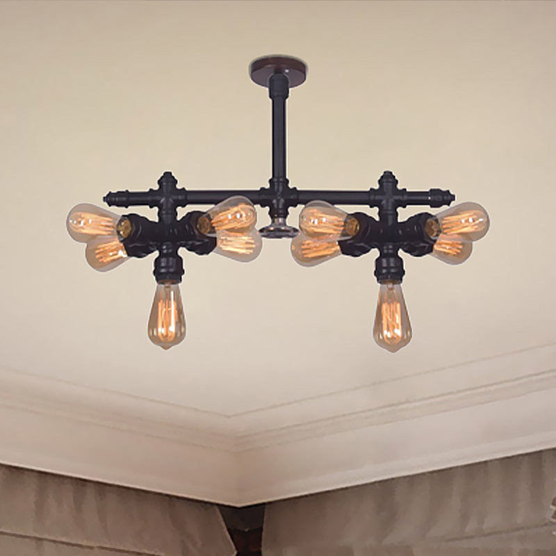 Steampunk Open Bulb Semi Flush Light with Pipe 10-Light Metallic Ceiling Light Fixture in Black for Living Room Clearhalo 'Ceiling Lights' 'Close To Ceiling Lights' 'Close to ceiling' 'Semi-flushmount' Lighting' 460468