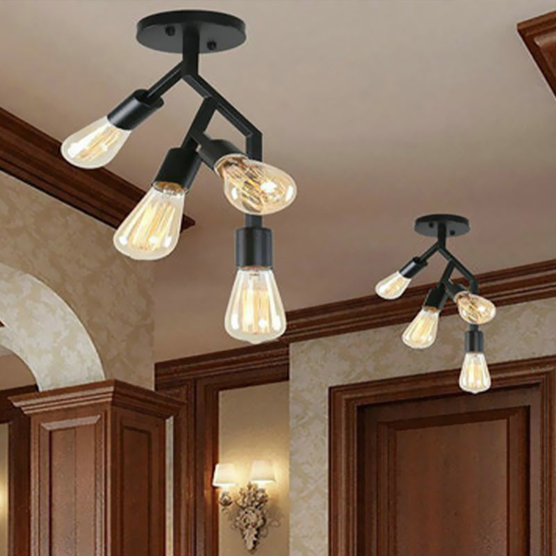 4 Light Semi Flush Light with Branch Metallic Industrial Style Dining Room Semi Flush Mount in Black Clearhalo 'Ceiling Lights' 'Close To Ceiling Lights' 'Close to ceiling' 'Semi-flushmount' Lighting' 460469