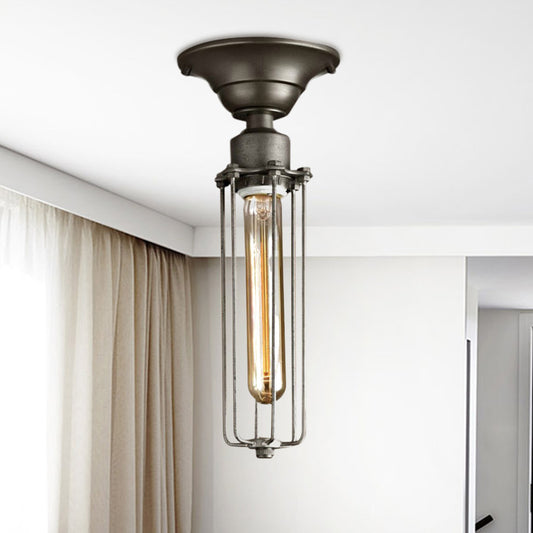 Aged Silver Tubed Cage Semi Flush Light Retro Vintage Metal 1 Head Balcony Ceiling Light Fixture Clearhalo 'Ceiling Lights' 'Close To Ceiling Lights' 'Close to ceiling' 'Semi-flushmount' Lighting' 460520