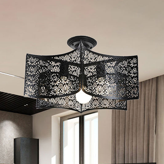 Black Drum Design Semi Flush Light with Wire Frame Vintage Retro Metallic 3 Heads Foyer Semi Flush Mount Light, 16"/16.5" W Clearhalo 'Ceiling Lights' 'Close To Ceiling Lights' 'Close to ceiling' 'Semi-flushmount' Lighting' 460521