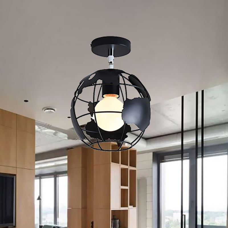 Black Globe/Oval Semi Flush Pendant Light with Cage Shade Industrial Iron 1 Light Corridor Ceiling Lighting Clearhalo 'Ceiling Lights' 'Close To Ceiling Lights' 'Close to ceiling' 'Semi-flushmount' Lighting' 460529