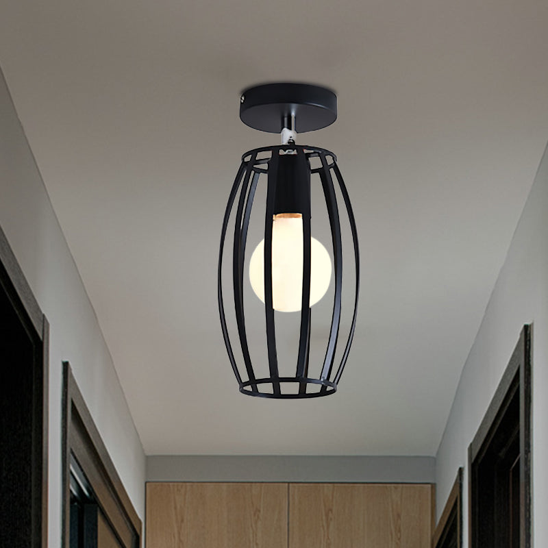 Black Globe/Oval Semi Flush Pendant Light with Cage Shade Industrial Iron 1 Light Corridor Ceiling Lighting Clearhalo 'Ceiling Lights' 'Close To Ceiling Lights' 'Close to ceiling' 'Semi-flushmount' Lighting' 460530