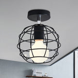 Black Globe/Oval Semi Flush Pendant Light with Cage Shade Industrial Iron 1 Light Corridor Ceiling Lighting Clearhalo 'Ceiling Lights' 'Close To Ceiling Lights' 'Close to ceiling' 'Semi-flushmount' Lighting' 460531