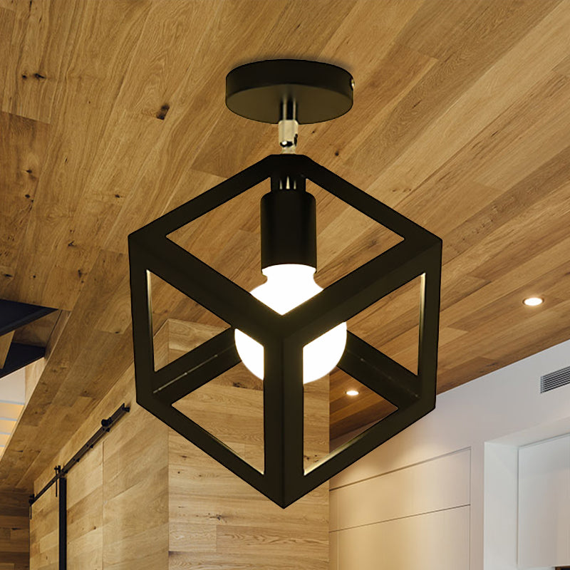 Black Globe/Oval Semi Flush Pendant Light with Cage Shade Industrial Iron 1 Light Corridor Ceiling Lighting Clearhalo 'Ceiling Lights' 'Close To Ceiling Lights' 'Close to ceiling' 'Semi-flushmount' Lighting' 460532