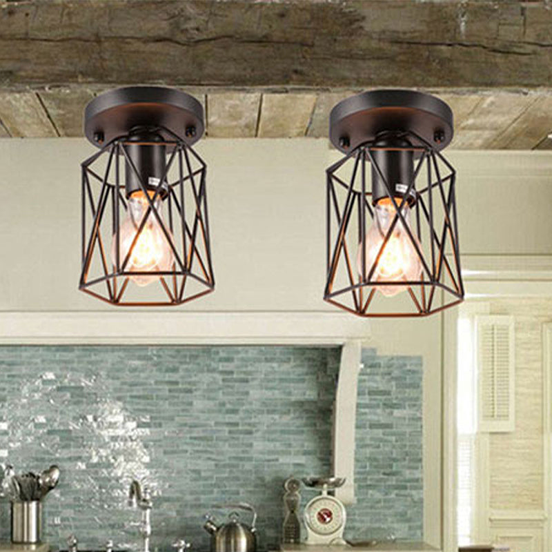 1 Head Wire Cage Semi Flush Light Vintage Style Black Metallic Ceiling Mounted Fixture for Kitchen Clearhalo 'Ceiling Lights' 'Close To Ceiling Lights' 'Close to ceiling' 'Semi-flushmount' Lighting' 460541