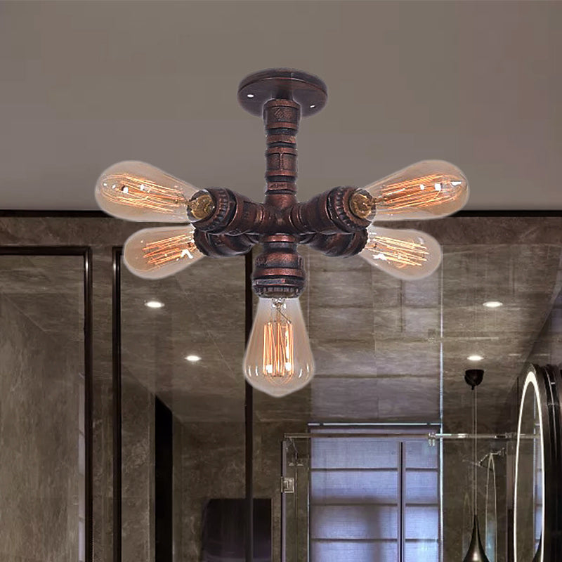 Copper Sputnik Semi Mount Lighting with Water Pipe Farmhouse Wrought Iron 5 Bulbs Bedroom Ceiling Lamp Clearhalo 'Ceiling Lights' 'Close To Ceiling Lights' 'Close to ceiling' 'Semi-flushmount' Lighting' 460552