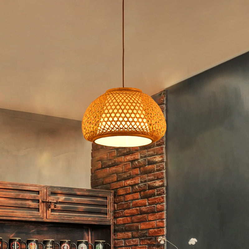 Hand Knitted Bamboo Lantern Drop Light for Restaurant Asian 1 Head Pendant Lamp with Paper Interior Shade Clearhalo 'Ceiling Lights' 'Pendant Lights' 'Pendants' Lighting' 460602