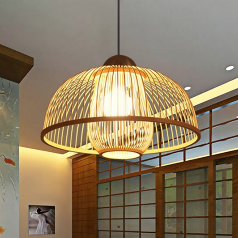 Single Head Dome Shade Hanging Lamp Asian Bamboo Ceiling Drop Light over Dining Table Clearhalo 'Ceiling Lights' 'Pendant Lights' 'Pendants' Lighting' 460606