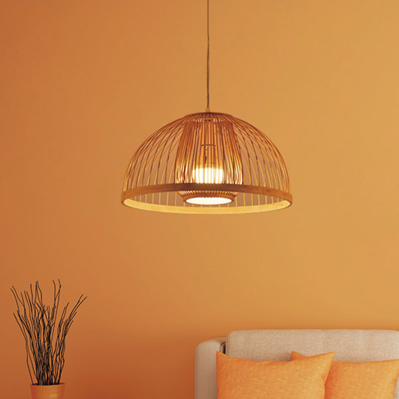 Asian Style Domed Hanging Light Bamboo Single Bulb Pendant Lamp over Dining Table, 16"/18" Diameter Clearhalo 'Ceiling Lights' 'Pendant Lights' 'Pendants' Lighting' 460607