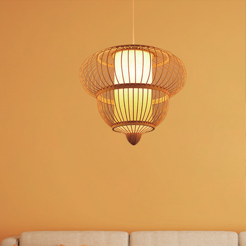 Beige Lantern Hanging Pendant for Restaurant Asian Bamboo Single Head Hanging Light, 16"/19.5" Diameter Clearhalo 'Ceiling Lights' 'Pendant Lights' 'Pendants' Lighting' 460609