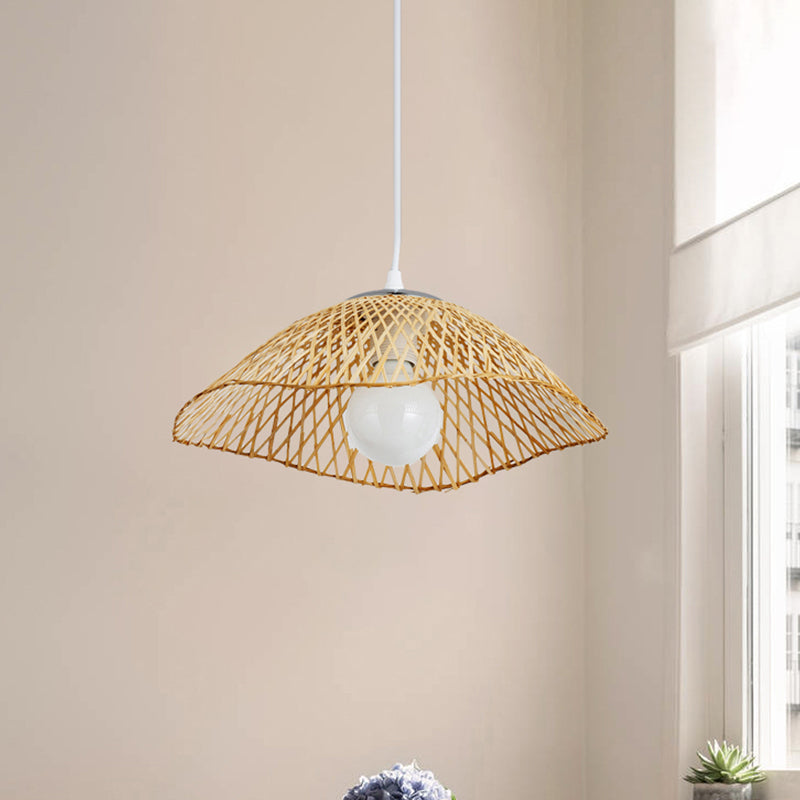 Hand-Knitted Bamboo Pendant Light with Dome Shade Asian Style 1 Head Beige Hanging Lamp for Living Room, 14"/18" W Clearhalo 'Ceiling Lights' 'Pendant Lights' 'Pendants' Lighting' 460647