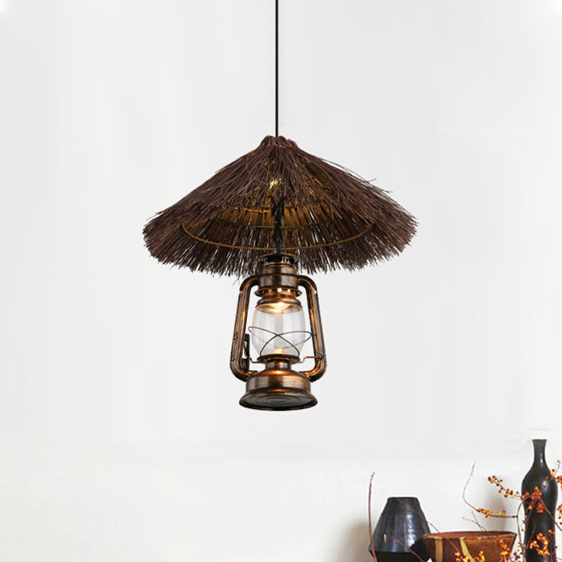 Hand-Woven Rattan Pendant Light Lodge Style 1 Light Brown Hanging Lamp with Lantern Shade for Dining Room Clearhalo 'Ceiling Lights' 'Modern Pendants' 'Modern' 'Pendant Lights' 'Pendants' Lighting' 460649