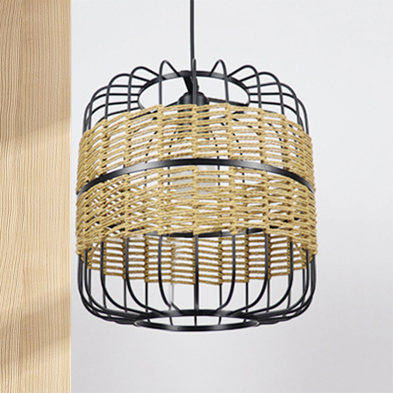 Cylinder Metal Cage Hanging Lamp Modern Straw Rope 1-Light Beige Drop Ceiling Light for Bedroom Restaurant Clearhalo 'Ceiling Lights' 'Pendant Lights' 'Pendants' Lighting' 460652