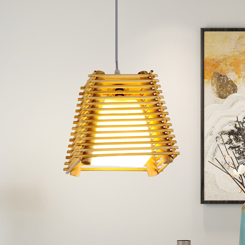 Bamboo Trapezoid Hanging Light Fixture Modern 1-Bulb Natural Wood Pendant Ceiling Light with White Glass Shade Clearhalo 'Ceiling Lights' 'Modern Pendants' 'Modern' 'Pendant Lights' 'Pendants' Lighting' 460655