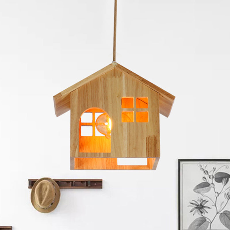 Wooden House Shaped Pendant Lamp Modern 1-Light Natural Wood Hanging Light with Adjustable Cord for Dining Room Clearhalo 'Ceiling Lights' 'Modern Pendants' 'Modern' 'Pendant Lights' 'Pendants' Lighting' 460658