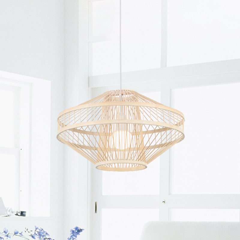 Flying Saucer Bamboo Ceiling Fixture Modernist Style 16"/19.5" Width 1 Bulb Wood Pendant Lamp for Restaurant Clearhalo 'Ceiling Lights' 'Pendant Lights' 'Pendants' Lighting' 460659