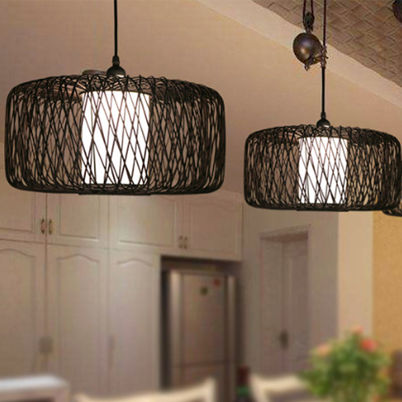 1 Light Restaurant Hanging Lamp with Drum Bamboo Shade Black Pendant Light Fixture, 16"/23.5" Wide Clearhalo 'Ceiling Lights' 'Modern Pendants' 'Modern' 'Pendant Lights' 'Pendants' Lighting' 460661