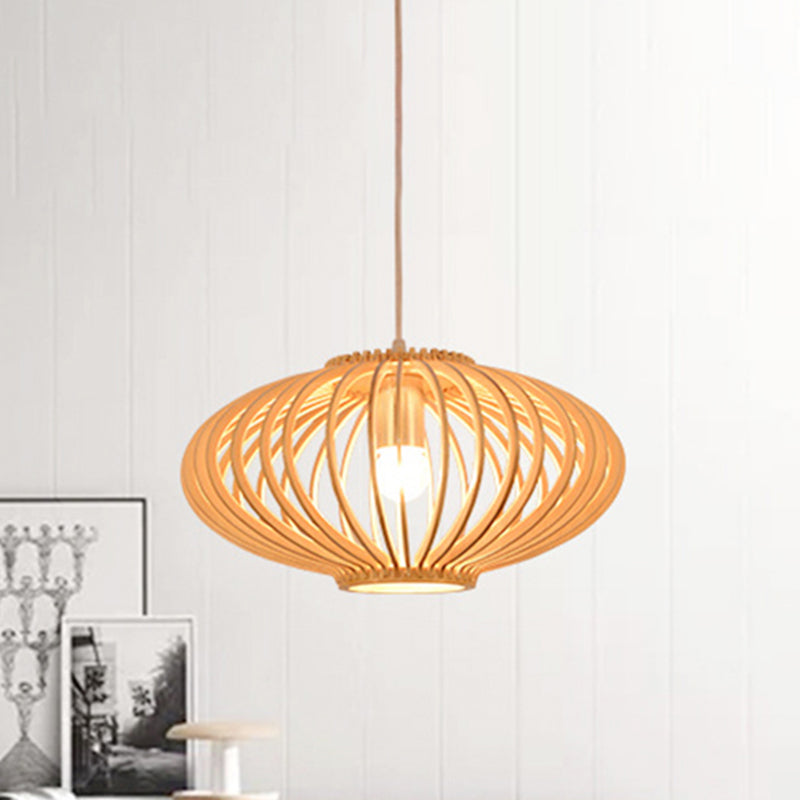 Contemporary Style Lantern Design Hanging Light Wooden 1 Light Living Room Pendant Lamp in Beige Clearhalo 'Ceiling Lights' 'Pendant Lights' 'Pendants' Lighting' 460669