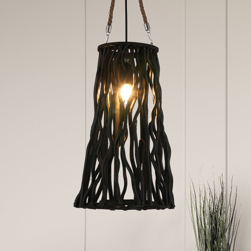 Rustic Barrel/Cone/Globe Pendant Ceiling Light Wood 1 Bulb Dining Room Hanging Lamp in Black Clearhalo 'Ceiling Lights' 'Pendant Lights' 'Pendants' Lighting' 460678