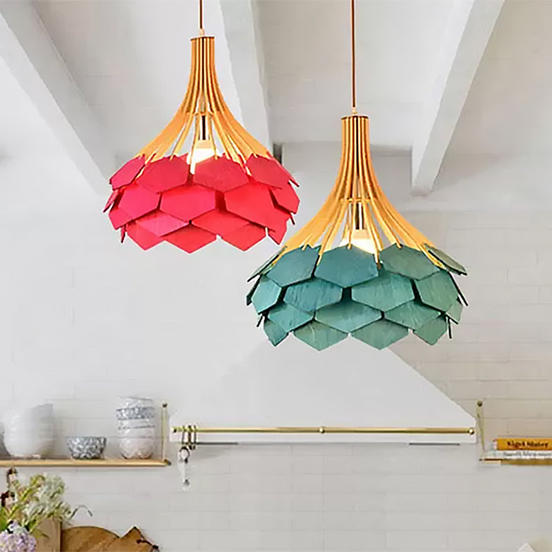 Pine Cone Hanging Light Fixture Modern Style Wood 1 Bulb Red/Blue Pendant Lamp for Dining Room Clearhalo 'Ceiling Lights' 'Modern Pendants' 'Modern' 'Pendant Lights' 'Pendants' Lighting' 460684