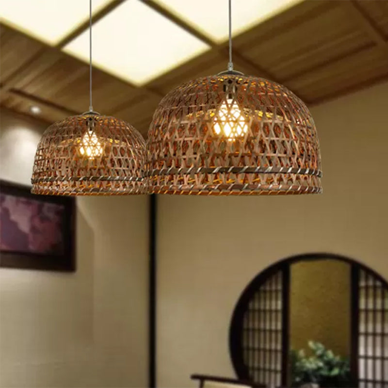 Brown/Wood Dome Shade Hanging Light Modern Style 13"/21" Dia 1 Light Bamboo Pendant Lamp for Restaurant Clearhalo 'Ceiling Lights' 'Pendant Lights' 'Pendants' Lighting' 460687