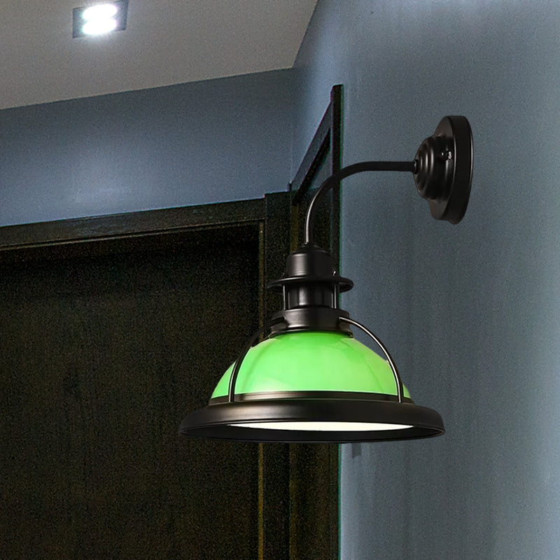 Dome White/Green Glass Wall Mounted Lamp Industrial Single Bulb Bedroom Sconce Light in Black with Curved Arm Clearhalo 'Art deco wall lights' 'Cast Iron' 'Glass' 'Industrial wall lights' 'Industrial' 'Middle century wall lights' 'Modern' 'Rustic wall lights' 'Tiffany' 'Traditional wall lights' 'Wall Lamps & Sconces' 'Wall Lights' Lighting' 460717