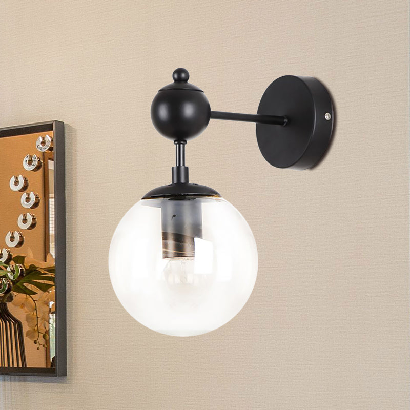 Globe Shade Living Room Wall Light Fixture Industrial Clear/Grey/Amber Glass 1 Light Black Sconce Lamp Clearhalo 'Cast Iron' 'Glass' 'Industrial' 'Modern wall lights' 'Modern' 'Tiffany' 'Traditional wall lights' 'Wall Lamps & Sconces' 'Wall Lights' Lighting' 460756