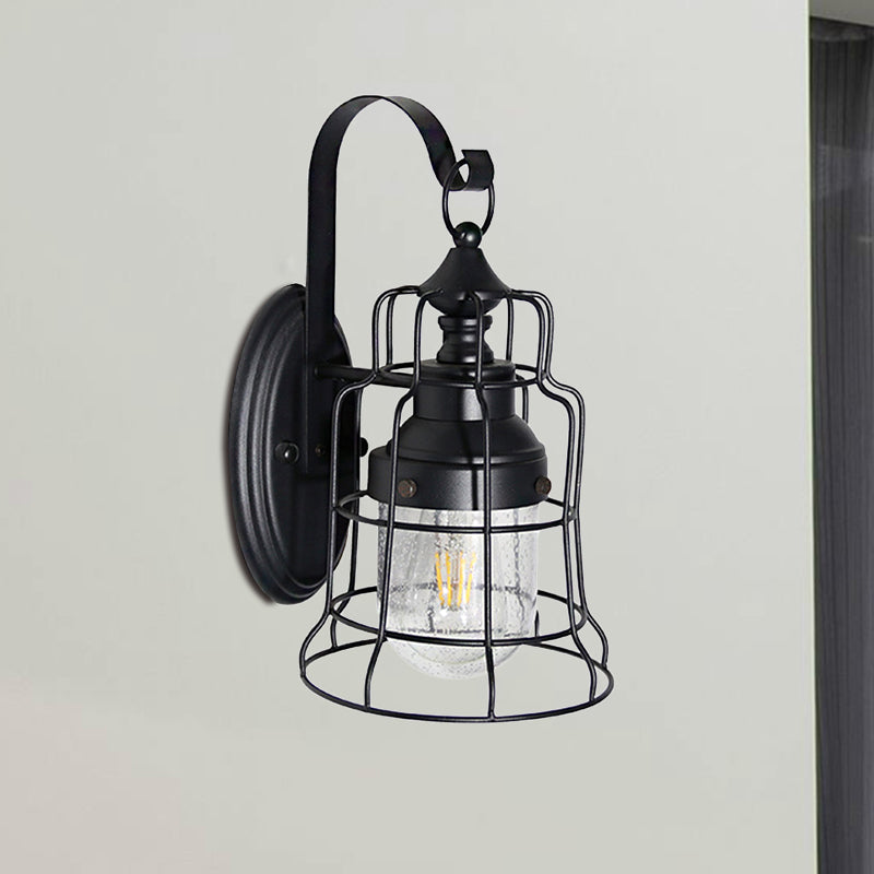 Coastal Style Bell Caged Wall Light 1 Bulb Metal Wall Lamp Fixture with Inner Glass Shade and Gooseneck Arm in Black Clearhalo 'Art deco wall lights' 'Cast Iron' 'Glass' 'Industrial wall lights' 'Industrial' 'Middle century wall lights' 'Modern' 'Rustic wall lights' 'Tiffany' 'Traditional wall lights' 'Wall Lamps & Sconces' 'Wall Lights' Lighting' 460759
