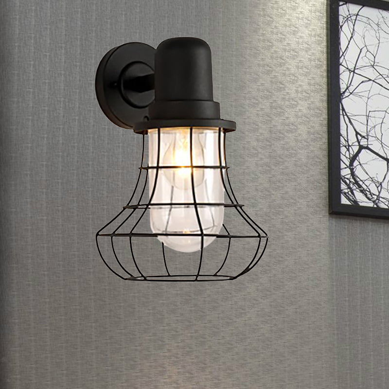 1 Light Wire Frame Wall Lamp Industrial Black Metal Sconce Light with Inner Clear Glass Shade for Porch Clearhalo 'Art deco wall lights' 'Cast Iron' 'Glass' 'Industrial wall lights' 'Industrial' 'Middle century wall lights' 'Modern' 'Rustic wall lights' 'Tiffany' 'Traditional wall lights' 'Wall Lamps & Sconces' 'Wall Lights' Lighting' 460763