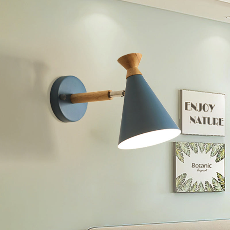 Metal Cone Shade Wall Light Nordic Style Rotatable 1 Light Bedside Reading Light in Blue/Green/Grey/White Clearhalo 'Cast Iron' 'Glass' 'Industrial' 'Modern wall lights' 'Modern' 'Tiffany' 'Traditional wall lights' 'Vanity Lights' 'Wall Lights' Lighting' 460786