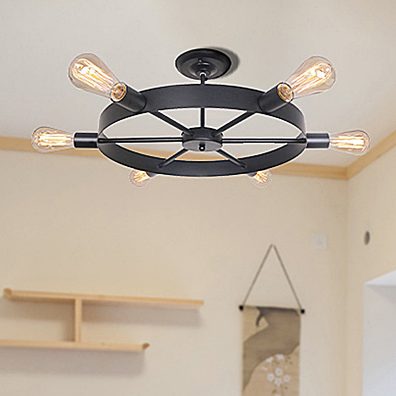 Rudder Restaurant Semi Flush Mount Light with Bare Bulb Vintage Style 6 Bulbs Dining Room Ceiling Light in Black Clearhalo 'Ceiling Lights' 'Close To Ceiling Lights' 'Close to ceiling' 'Semi-flushmount' Lighting' 464819