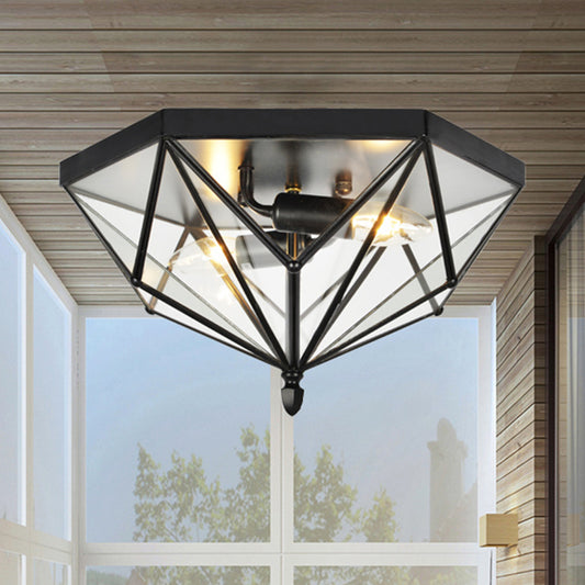 Single Bulb Flushmount Lighting Vintage Polyhedron Clear Glass Ceiling Light in Black for Foyer Clearhalo 'Ceiling Lights' 'Close To Ceiling Lights' 'Close to ceiling' 'Flush mount' 'Industrial Flush Mount' Lighting' 464820