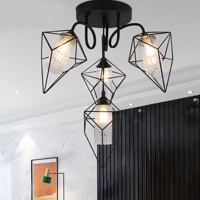 Cage Diamond Bedroom Ceiling Mount Chandelier Retro Metal 4/6 Lights Black Pendant Light with Inner Clear Glass Shade Clearhalo 'Ceiling Lights' 'Close To Ceiling Lights' 'Close to ceiling' 'Glass shade' 'Glass' 'Semi-flushmount' Lighting' 464821