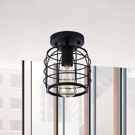 One Head Ceiling Lighting Vintage Cylindrical Cage Metal , Black for Corridor Clearhalo 'Ceiling Lights' 'Close To Ceiling Lights' 'Close to ceiling' 'Hogar' 'Iluminación' 'Lámparas de Techo' 'Plafones' 'Semi-flushmount' Lighting' 464823