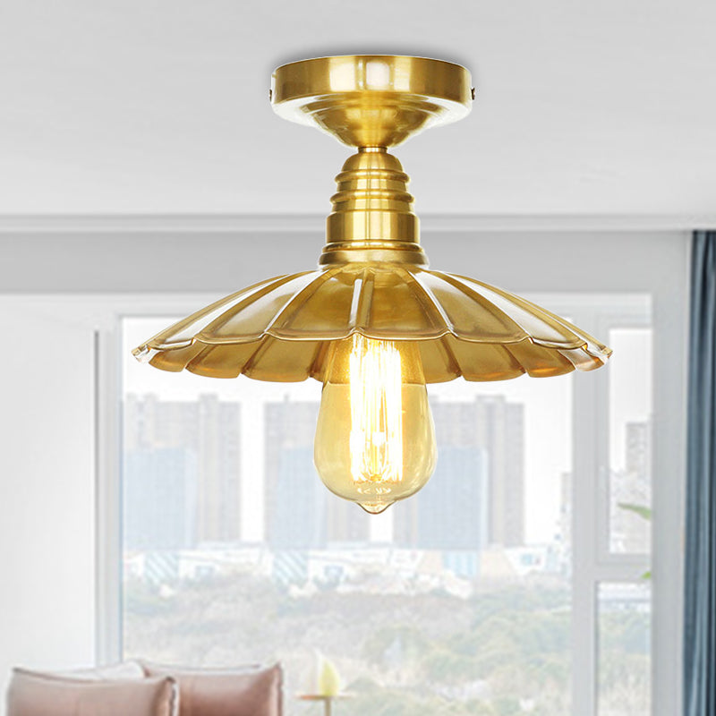 Vintage Style Waveforms/Scalloped Shade Semi Flush Ceiling Light 8"/9.5" W 1 Light Metal Ceiling Fixture in Brass Clearhalo 'Ceiling Lights' 'Close To Ceiling Lights' 'Close to ceiling' 'Semi-flushmount' Lighting' 464825