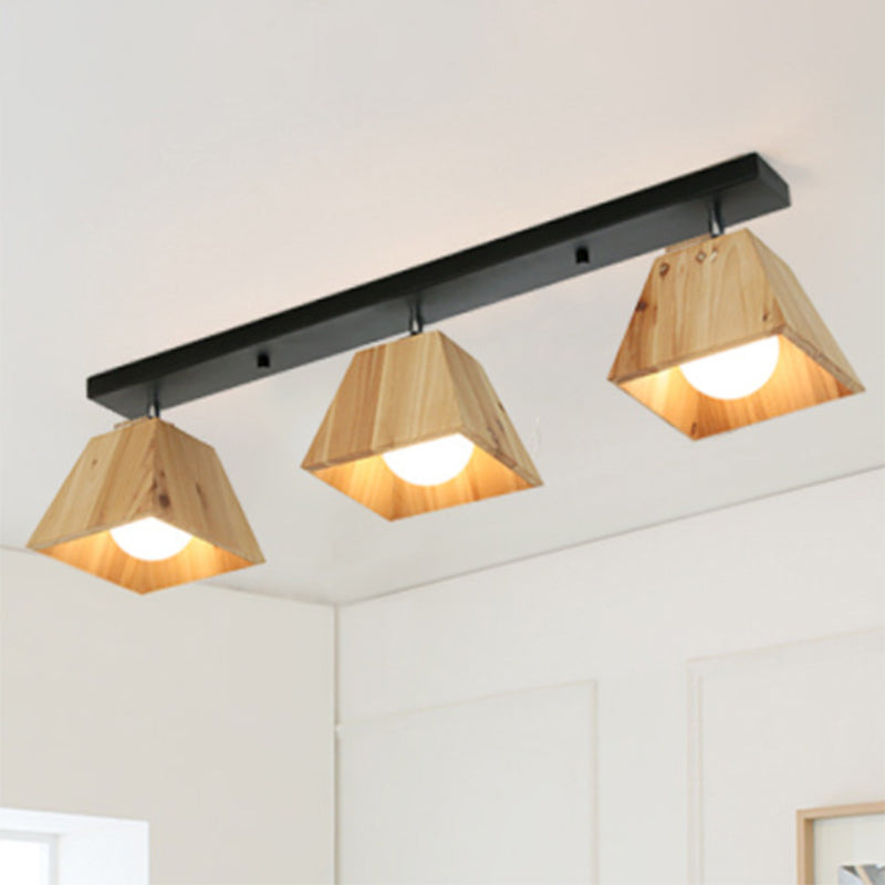 Black/White Linear Semi Flushmount Lamp with Trapezoid Wooden Shade Modern 2/3-Bulb Semi Flush Ceiling Fixture Clearhalo 'Ceiling Lights' 'Close To Ceiling Lights' 'Close to ceiling' 'Semi-flushmount' Lighting' 464829